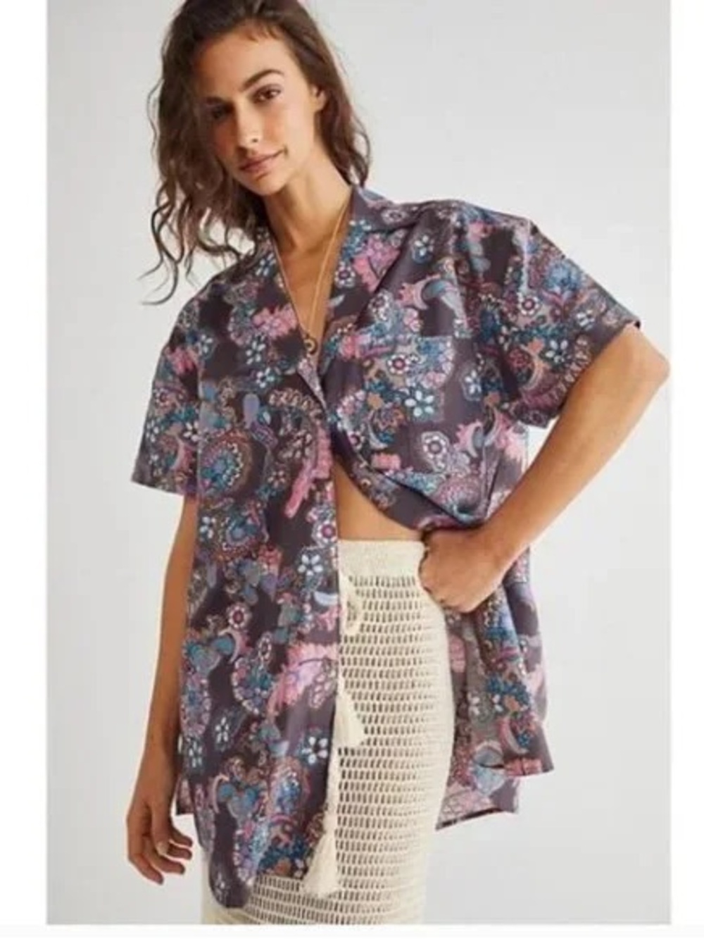 We the Free plum purple floral button down oversized pool side shirt size XS